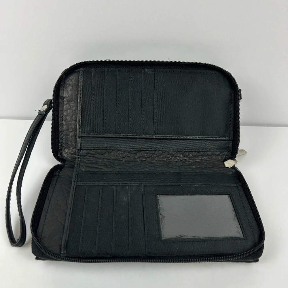 Genuine Black Textured Leather BUENO Clutch with Wrist Strap